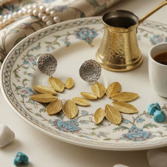 Turkish Stunning Handmade Artisan 18K Gold Plated Brass Fine Leaf Earrings - Picture 5 of 11